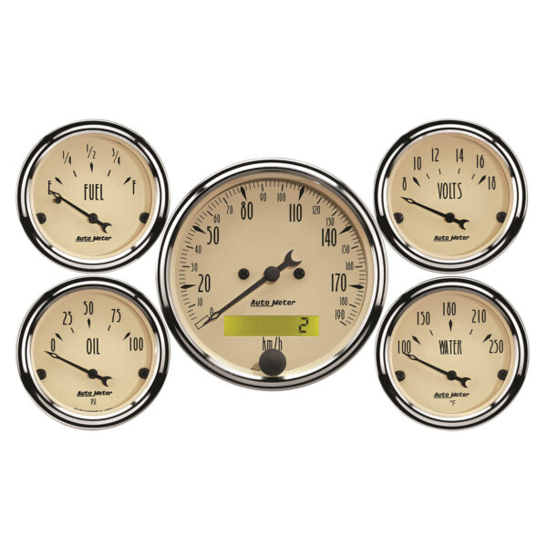 AUTOMETER 5pc Gauge Kit 3 1/8" & 2 1/16", Elec. KM/H Speedometer, Antique Beige