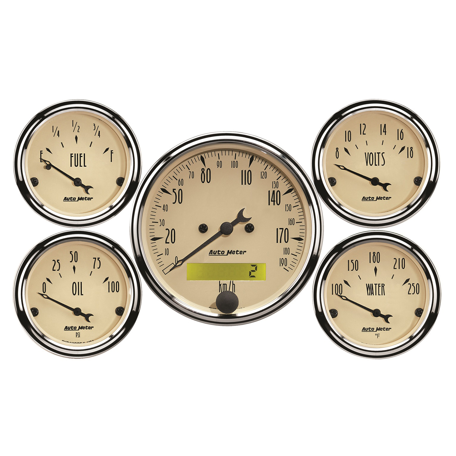 AUTOMETER 5pc Gauge Kit 3 1/8" & 2 1/16", Elec. KM/H Speedometer, Antique Beige