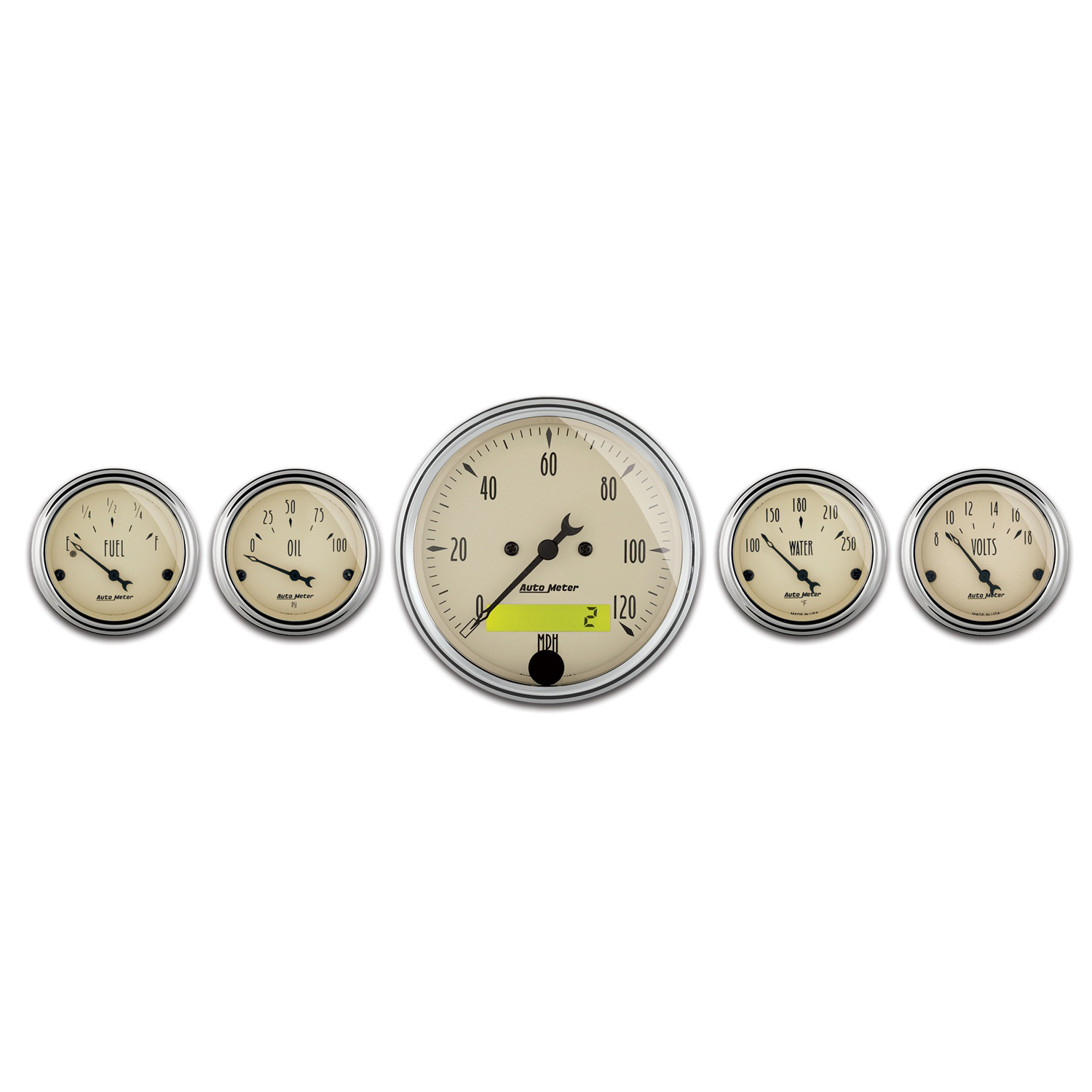 AUTOMETER 5pc Gauge Kit 3 1/8" & 2 1/16", Elec. Speedometer, Antique Beige