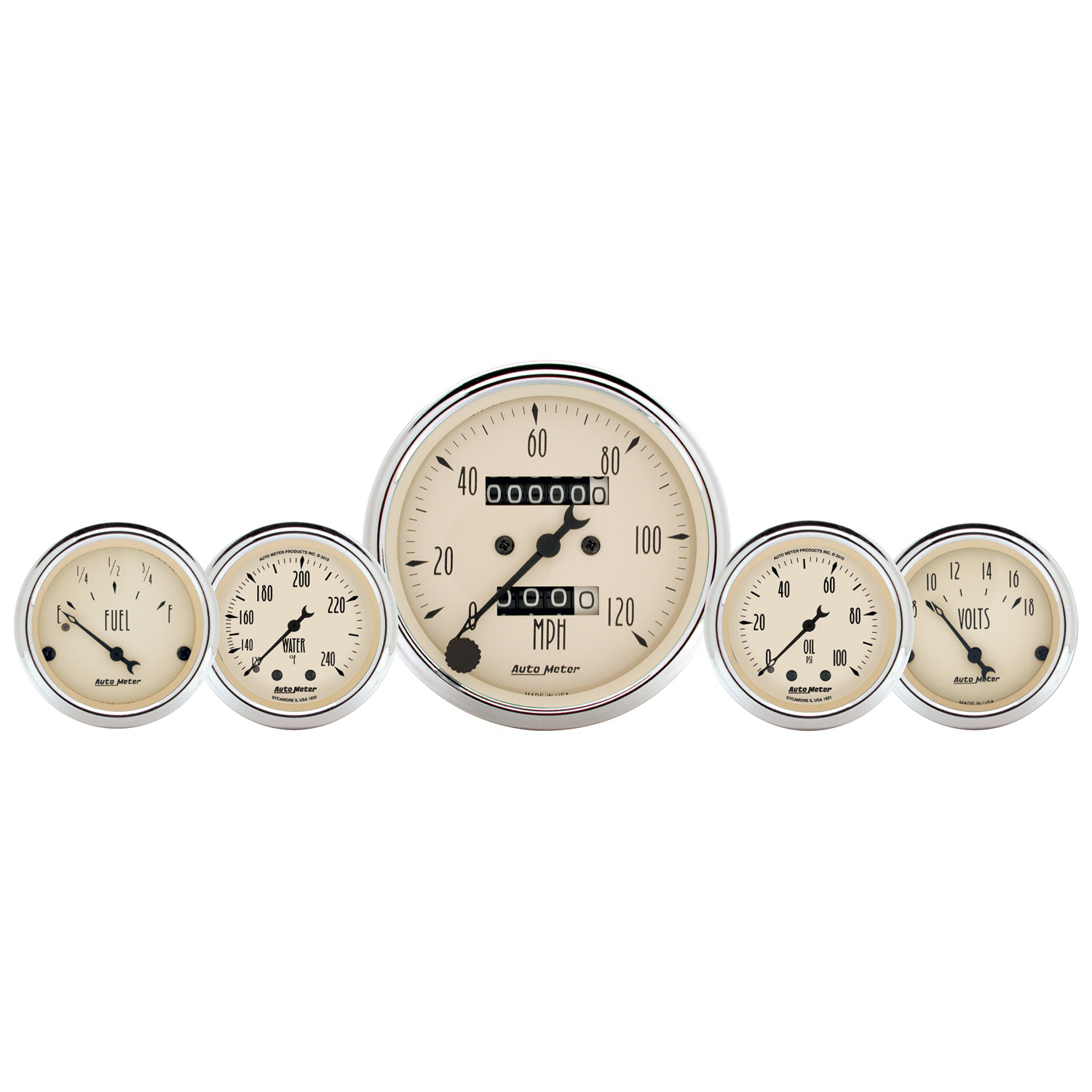 AUTOMETER 5pc Gauge Kit 3 1/8" & 2 1/16", Mech. Speedo., Wtmp & Oilp, Antique Beige