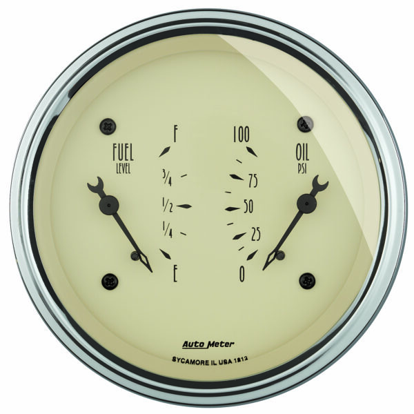 AUTOMETER Gauge, Dual, Fuel & Oilp, 3 3/8", 240°-33°F & 100PSI, Elec, Antique Beige