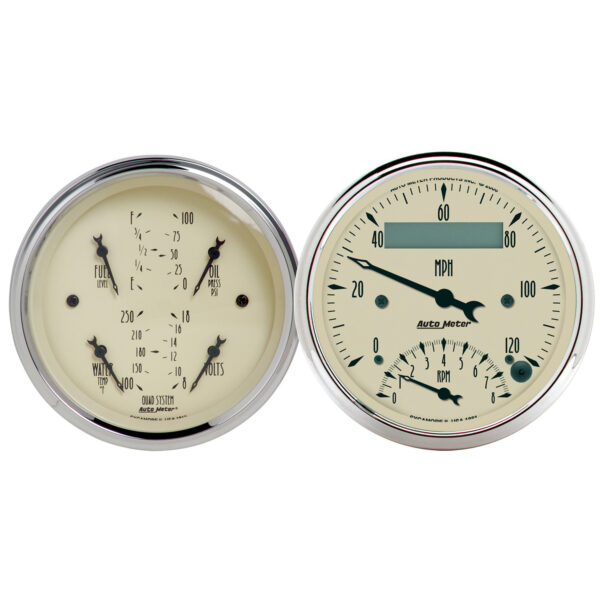 AUTOMETER 2pc Gauge Kit Quad & Tach/Speedo, 3 3/8", Antique Beige