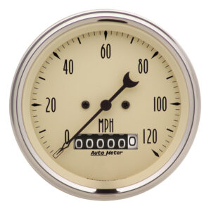 AUTOMETER Gauge, Speedo., 3 3/8", 120MPH, Elec. Prog. W/ Wheel Odo, Antique Beige