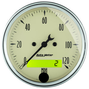 AUTOMETER Gauge, Speedo., 3 1/8", 120MPH, Elec. Prog. W/ LCD Odo, Antique Beige
