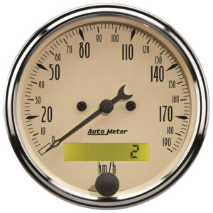 AUTOMETER Speedometer Gauge 3 1/8", 190KMH, Elec. Prog. W/ LCD Odo, Antique Beige