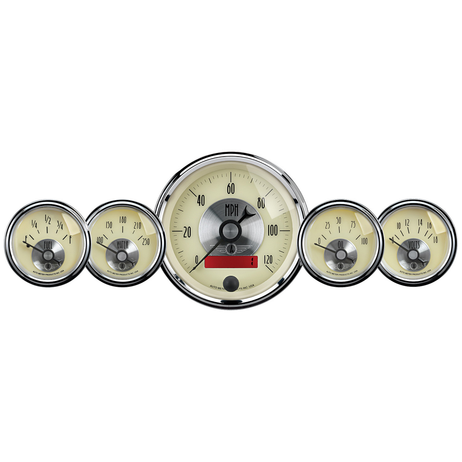 AUTOMETER 5pc Gauge Kit 3 3/8" & 2 1/16", Elec. Speedo W/LCD Odo, Prestige Antique Ivory