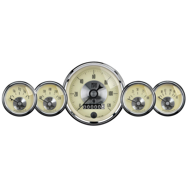 AUTOMETER Gauge Kit, 5 PC, 3 3/8" & 2 1/16", Elec Speedo W/Wheel Odo, Prestige Antique Ivory