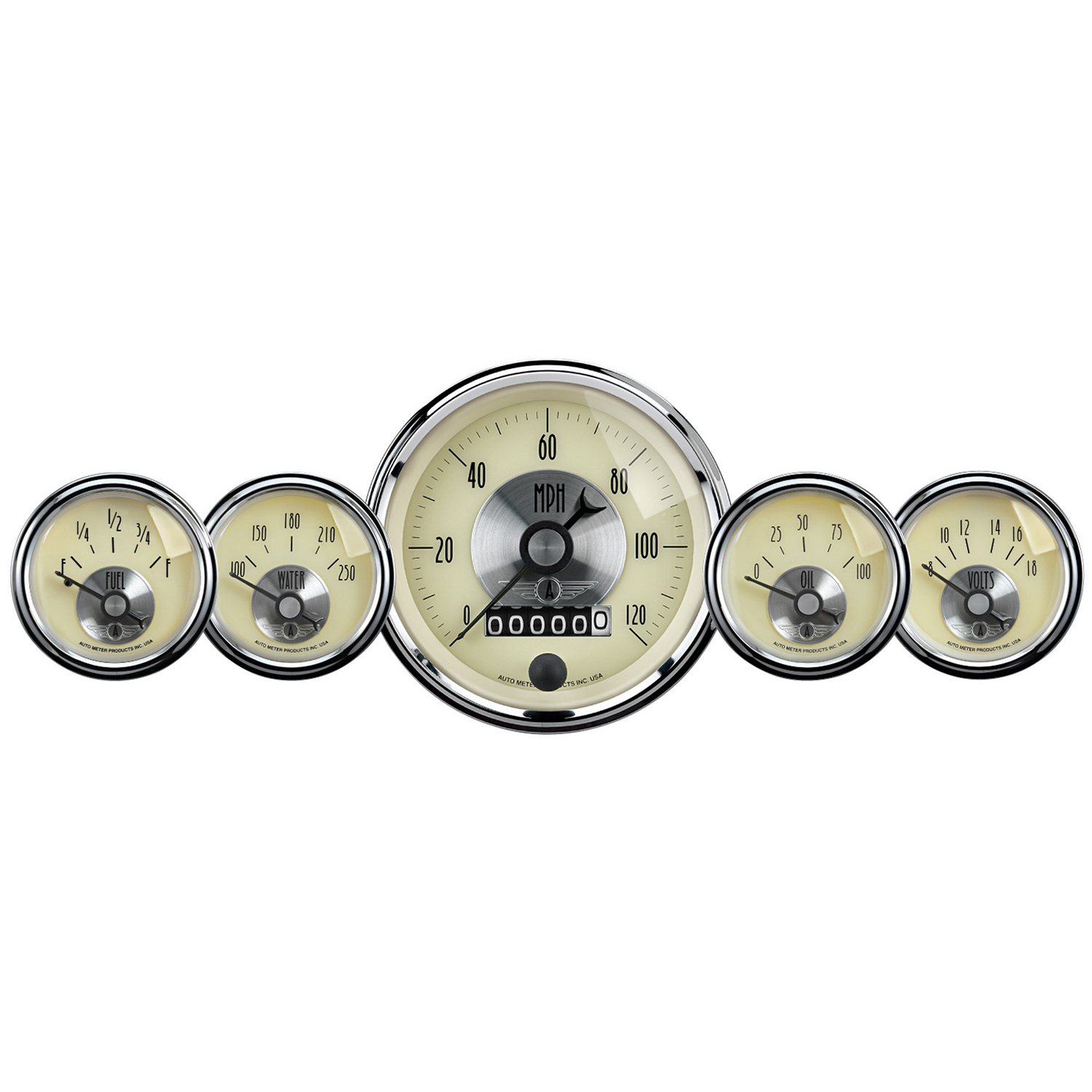 AUTOMETER Gauge Kit, 5 PC, 3 3/8" & 2 1/16", Elec Speedo W/Wheel Odo, Prestige Antique Ivory