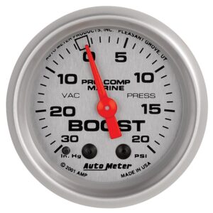 AUTOMETER Vacuum/Boost Gauge 2 1/16", 30Inhg-20PSI, Mechanical, Marine Silver