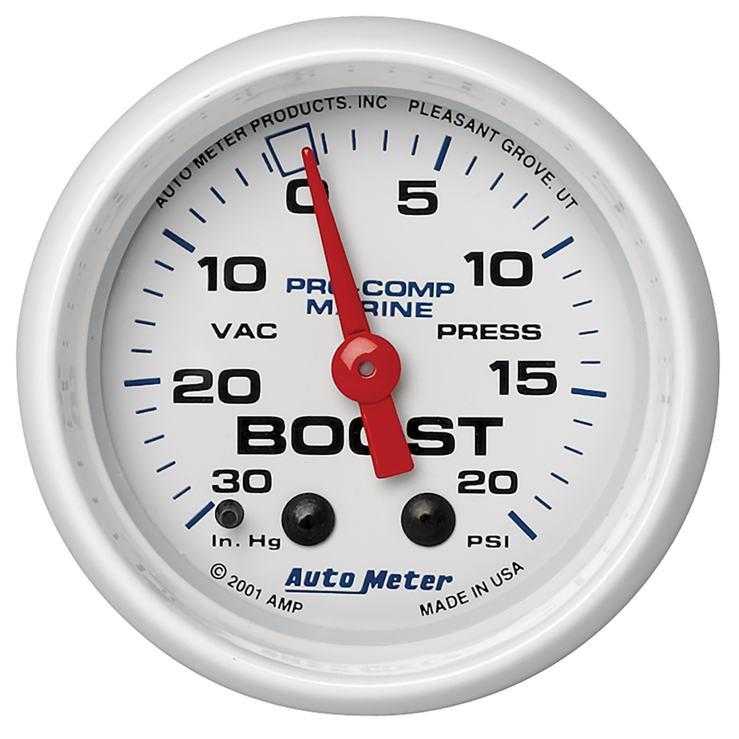 AUTOMETER Vacuum/Boost Gauge 2 1/16", 30Inhg-20PSI, Mechanical, Marine White