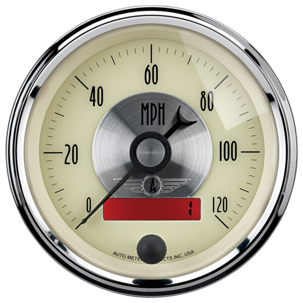AUTOMETER Speedometer Gauge 3 3/8", 120MPH, Elec. Program W/LCD Odo, Prestige Antique Ivory