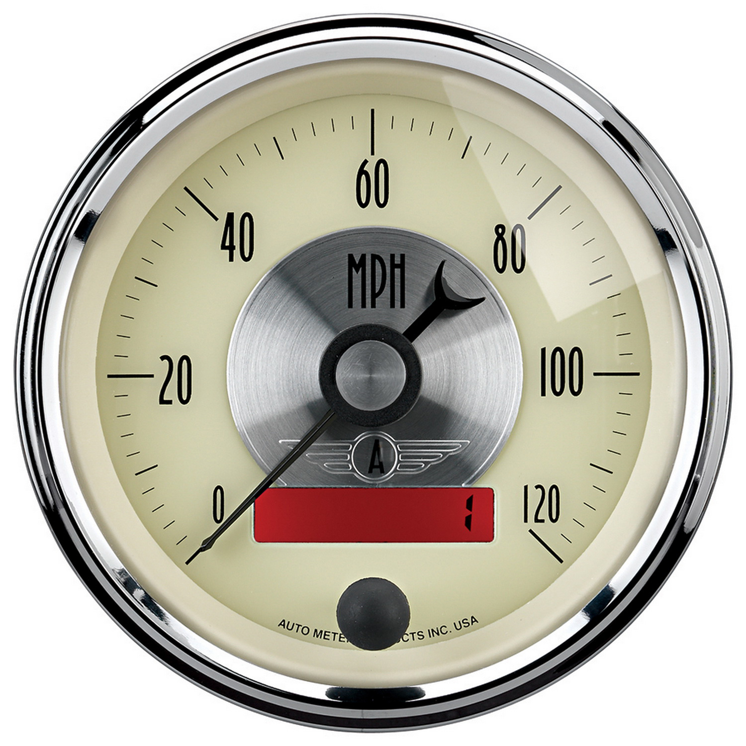 AUTOMETER Speedometer Gauge 3 3/8", 120MPH, Elec. Program W/LCD Odo, Prestige Antique Ivory