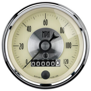 AUTOMETER Speedometer Gauge 3 3/8", 120MPH, Elec. Program W/Wheel Odo, Prestige Antique Ivory