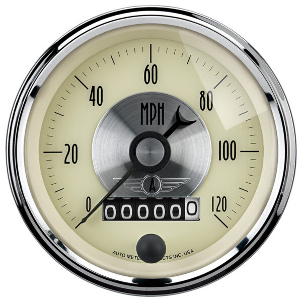AUTOMETER Speedometer Gauge 3 3/8", 120MPH, Elec. Program W/Wheel Odo, Prestige Antique Ivory