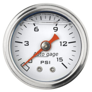AUTOMETER Pressure Gauge 1.5" Direct Mount, 15PSI, Liquid Filled Mech, White, 1/8" NPTF Male