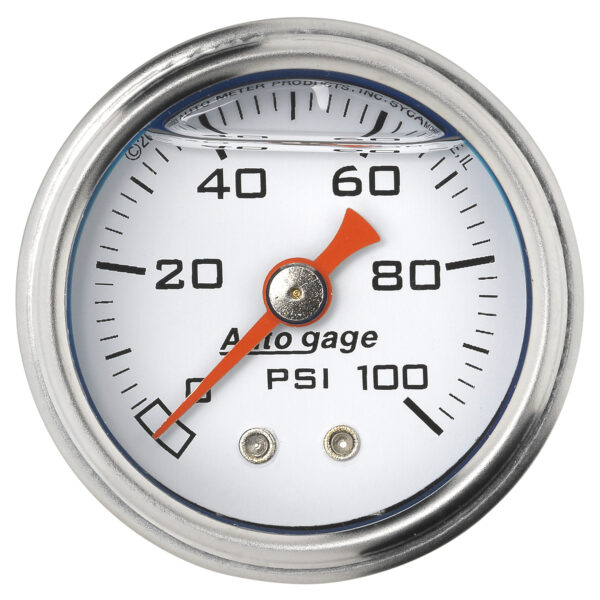 AUTOMETER Pressure Gauge 1.5" Direct Mount, 100PSI, Liquid Filled Mech, White, 1/8" NPTF Male