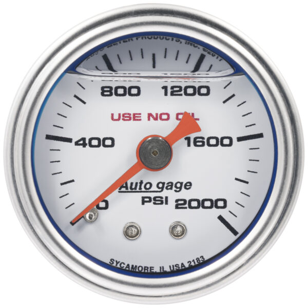 AUTOMETER Pressure Gauge 1.5" Direct Mount, 2,000PSI, Liquid Filled Mech, White, 1/8" NPTF Male