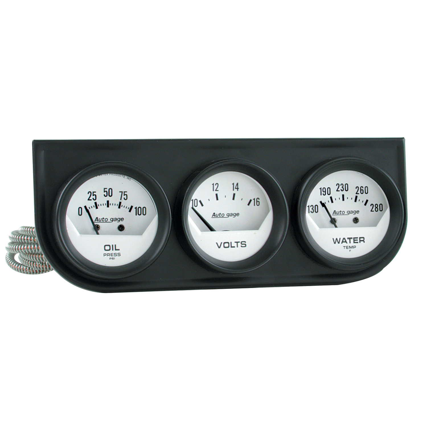 AUTOMETER Gauge Console, Oilp/Wtmp/Volt, 2", 100PSI/280&deg;f/16V, Wht Dial, Black Bzl, Ag