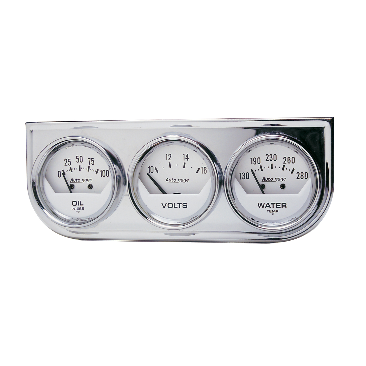 AUTOMETER Gauge Console, Oilp/Wtmp/Volt, 2", 100PSI/280&deg;f/16V, Wht Dial, Chrome Bzl, Ag