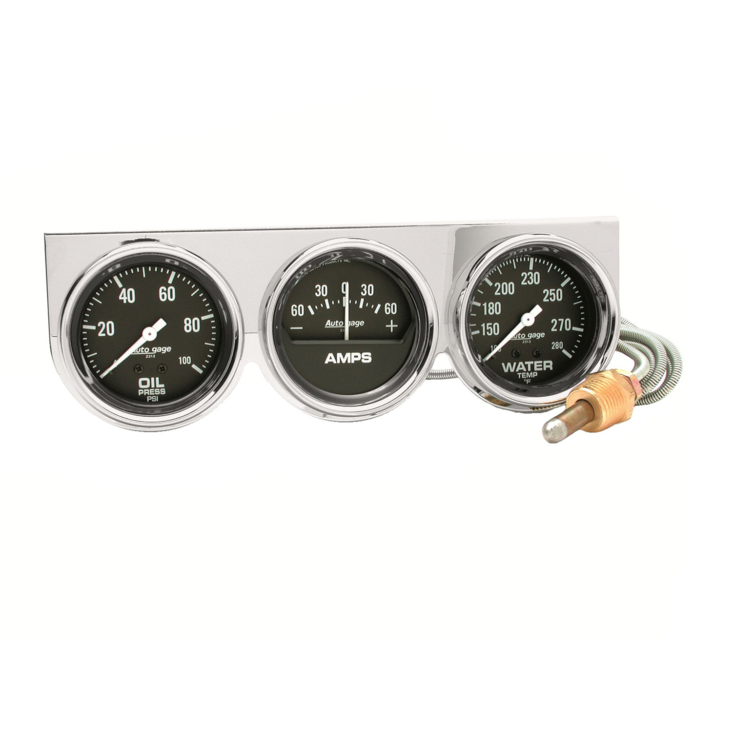 AUTOMETER Gauge Console, Oilp/Wtmp/Amp, 2 5/8", 100PSI/280°f/60A, Black Dial, Chrome Bzl, Ag