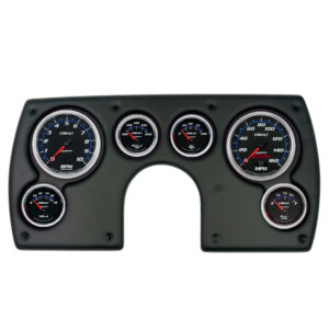 AutoMeter direct-fit black ABS plastic dash panel for 1982-1989 Chevrolet Camaro with cutouts for two 3-3/8 inch and four 2-1/16 inch gauges.