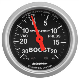 AutoMeter 3301 Sport-Comp 2-1/16 inch mechanical boost and vacuum gauge featuring black dial face
