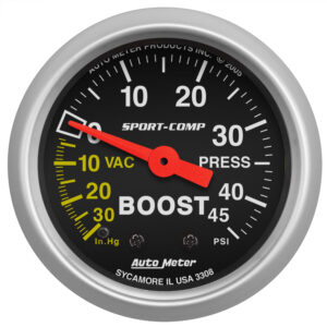 AutoMeter 3308 Sport-Comp 2-1/16 inch 30 in. Hg to 45 PSI mechanical boost vacuum gauge featuring a black dial face