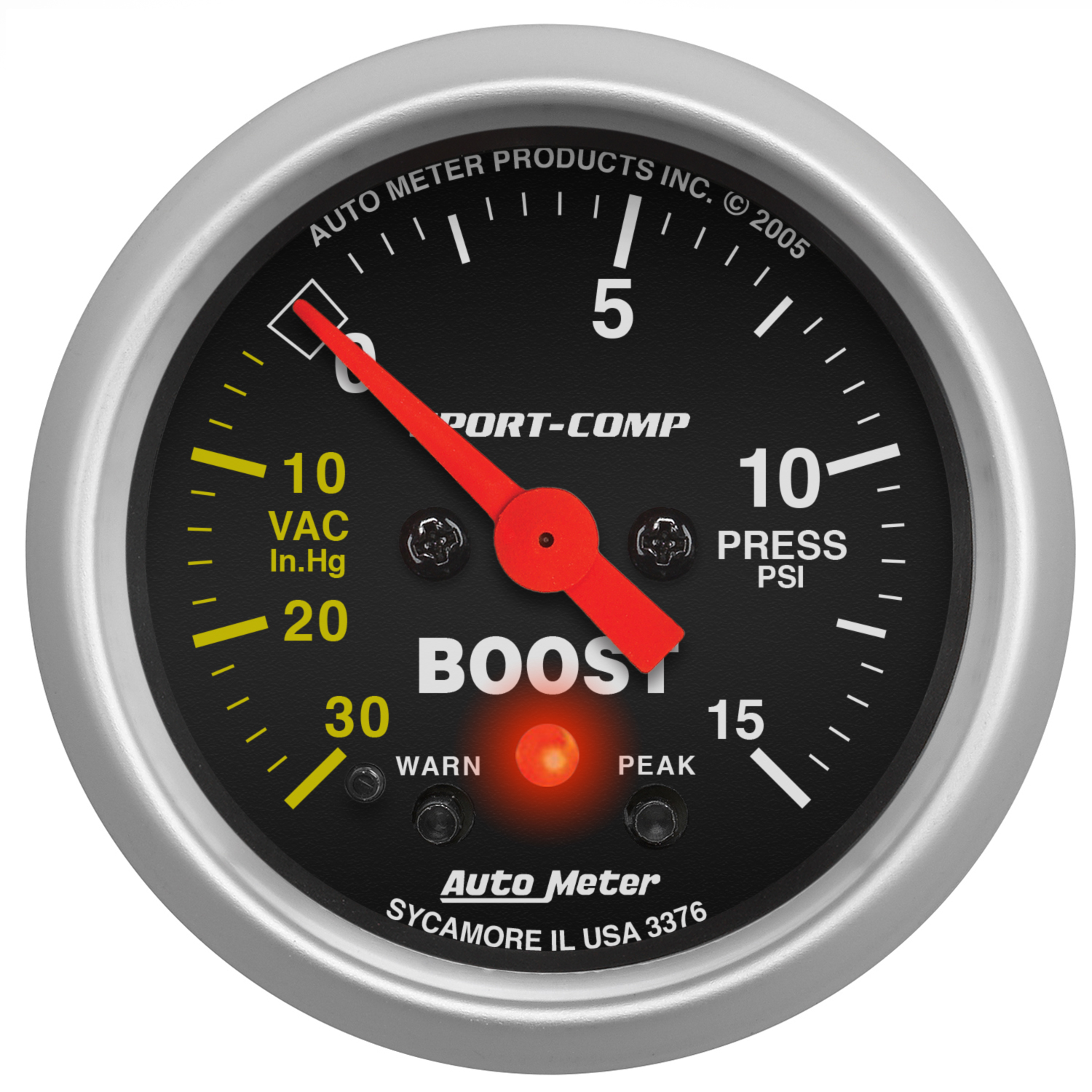 AUTOMETER Vacuum/Boost Gauge 2 1/16", 30Inhg-15PSI, Stepper Motor W/Peak & Warn, Sport-Comp