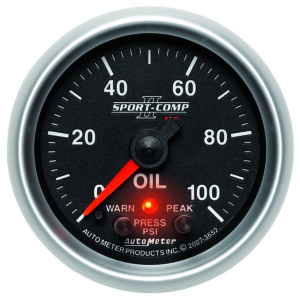 AUTOMETER Oil Pressure Gauge 2 1/16", 100PSI, Digital Stpr Mtr W/ Pk & Wrn, Sport-Comp II