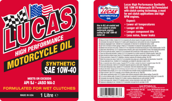 LUCAS SAE 10W-40 Synthetic Motorcycle Oil 1L - Image 2