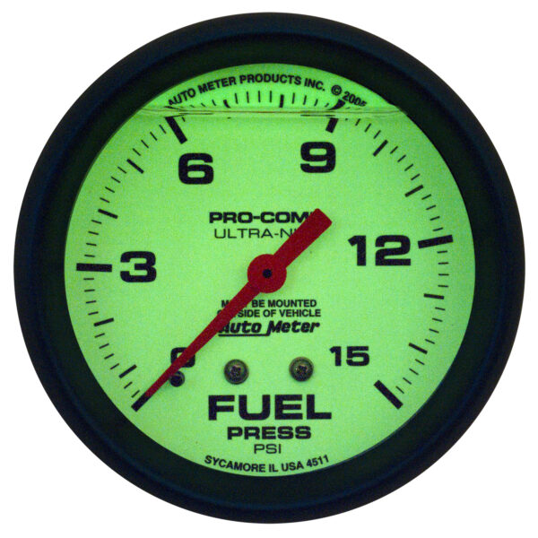 AUTOMETER Fuel Pressure Gauge 2 5/8", 15PSI, Liquid Filled Mech, Glow In Dark, Ultra-Nite - Image 2