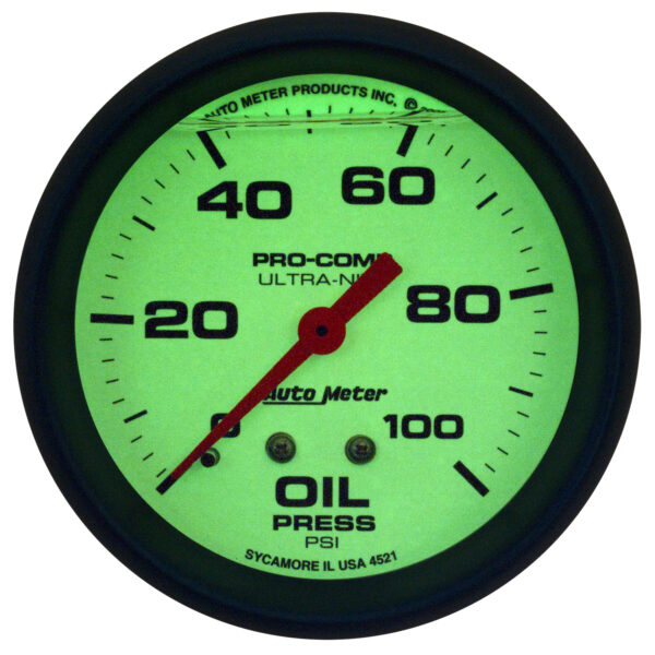 AUTOMETER Oil Pressure Gauge 2 5/8", 100PSI, Liquid Filled Mech, Glow In  Dark, Ultra-Nite - Image 2