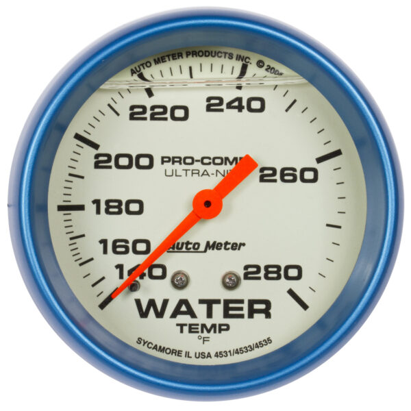 AUTOMETER Gauge, Wtemp, 2 5/8", 140-280°f, Liquid Filled Mech, Glow In Dark, Ultra-Nite