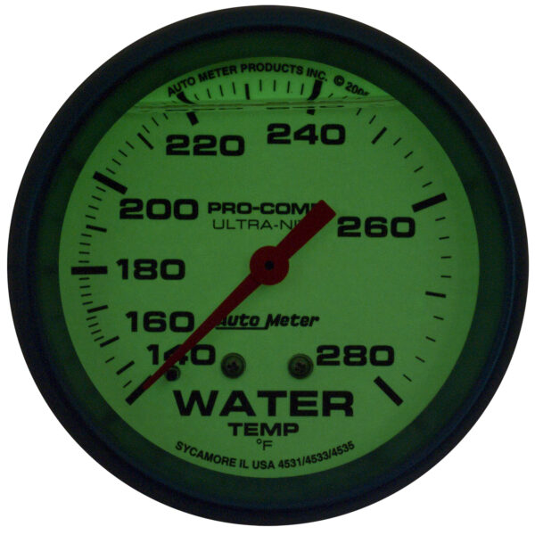 AUTOMETER Gauge, Wtemp, 2 5/8", 140-280°f, Liquid Filled Mech, Glow In Dark, Ultra-Nite - Image 2