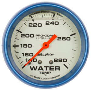 AUTOMETER Gauge, Wtemp, 2 5/8", 140-280°f, Liq Filld Mech, 4ft, Glow In Dark, Ultra-Nite