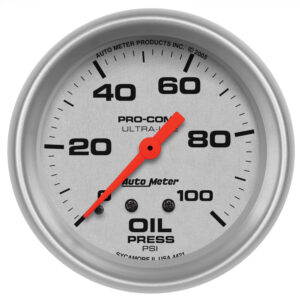 AutoMeter 4421 Ultra-Lite 2-5/8 inch mechanical oil pressure gauge featuring a silver dial