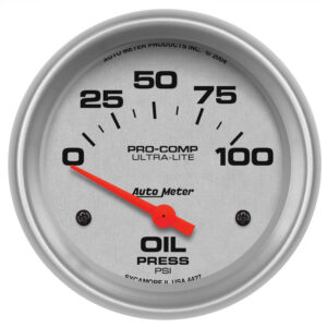 AutoMeter Ultra-Lite 4427 2-5/8 inch electric oil pressure gauge featuring silver anodized dial face