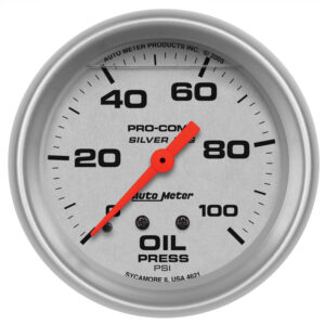 AutoMeter 4621 Ultra-Lite 2-5/8 inch liquid-filled mechanical oil pressure gauge featuring a silver dial face