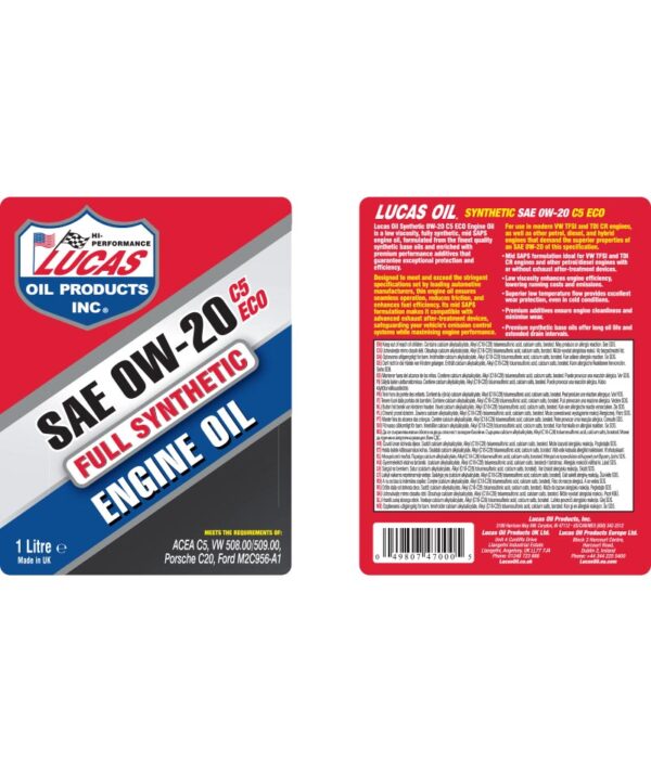 LUCAS Synthetic 0W-20 C5 ECO Engine Oil 1L - Image 2
