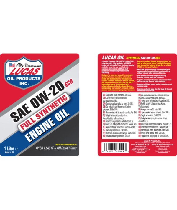 LUCAS Synthetic 0W-20 ECO Engine Oil 1L - Image 2