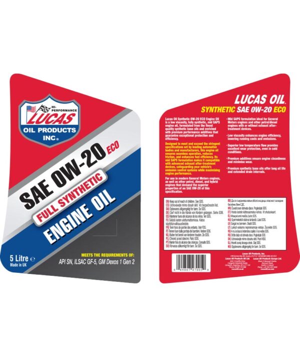 LUCAS Synthetic 0W-20 ECO Engine Oil 5L - Image 2