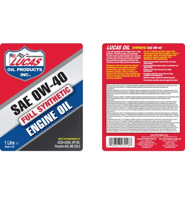 LUCAS Synthetic 0W-40 Engine Oil 1L - Image 2