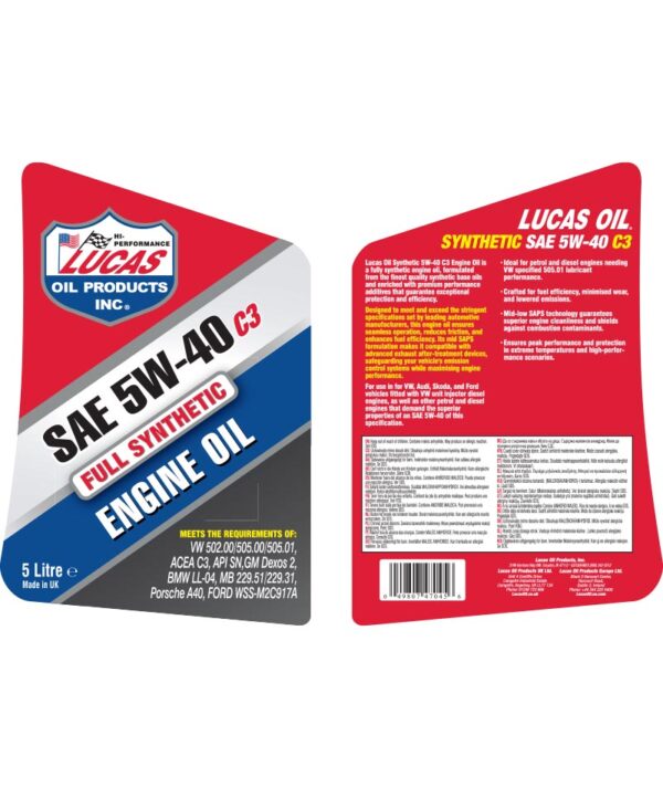LUCAS Synthetic 5W-40 C3 Engine Oil 5L - Image 2