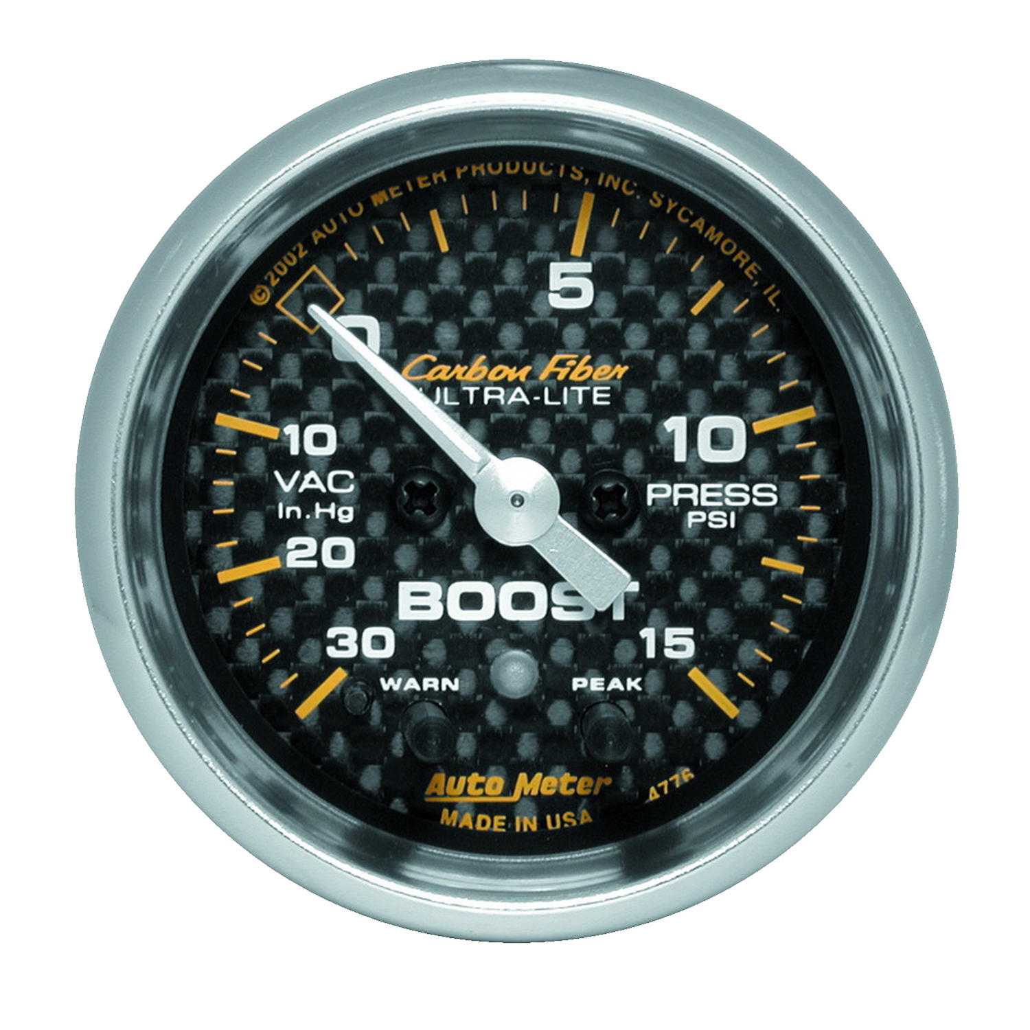 AUTOMETER Vacuum/Boost Gauge 2 1/16", 30Inhg-15PSI, Stepper Motor W/ Pk & Wrn, Carbon Fibre