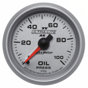 AutoMeter 4921 Ultra-Lite II 2-1/16 inch 0-100 PSI mechanical oil pressure gauge featuring a satin anodized silver face