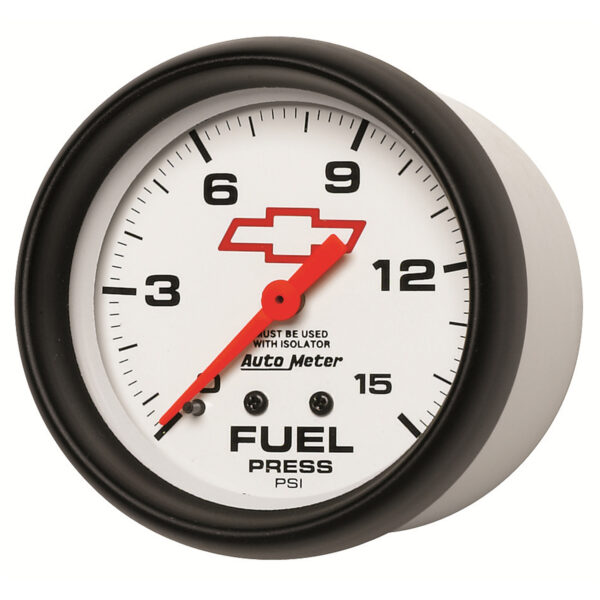 AUTOMETER Fuel Pressure Gauge 2 5/8", 15PSI, Mech W/Isolator, Chevy Red Bowtie, White - Image 2