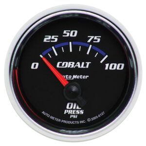 AutoMeter Cobalt 6127 52mm 2-1/16 inch short sweep electric oil pressure gauge 0-100 PSI featuring black dial