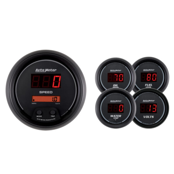 AUTOMETER 5pc Gauge Kit 3 3/8" & 2 1/16", Elec Speedo, Digital, Black Dial W/ Red LED