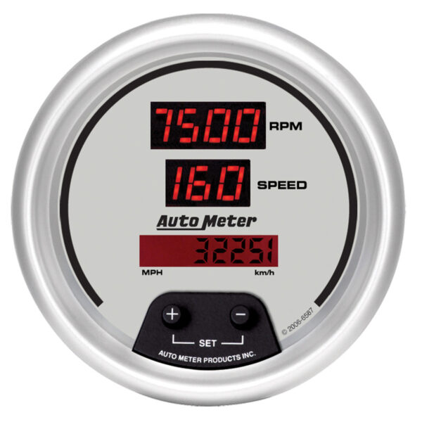 AUTOMETER Tacho/Speedo Gauge 3 3/8", 260MPH / 260KMH 10K RPM, Elec Prgrm, Dig, Slvr W/ Rd LED