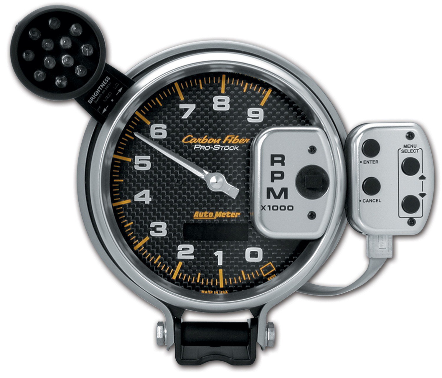 AUTOMETER Tachometer Gauge 5", 9K RPM, Pro-Stock Pedestal W/ Super Lite & Pk Mem, Carbon Fibre
